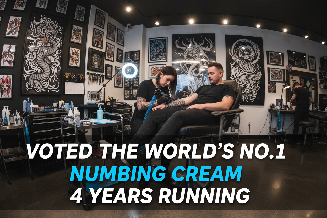 TATTOO-salon-background-with-TATTOOIST-GIVING A TOOT. BIG--sharp-clear-letters-voted-the-worlds-no-1-numbing-cream-4-years-running