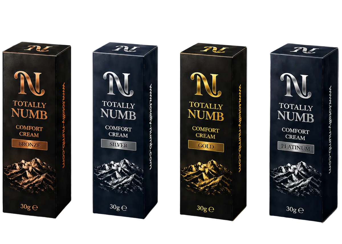 Totally Numb Comfort Cream 30g boxes — Bronze, Silver, Gold, and Platinum tiers