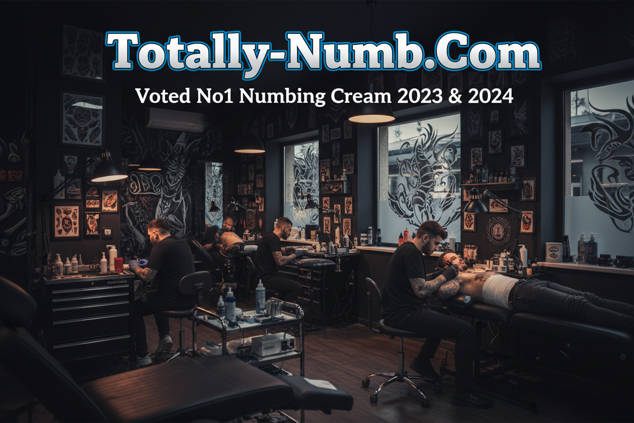 banner size: 
large letters: Totally-Numb.Com
Voted No1 Numbing Cream 2023 & 2024

Background dark, busy tattoo saloon