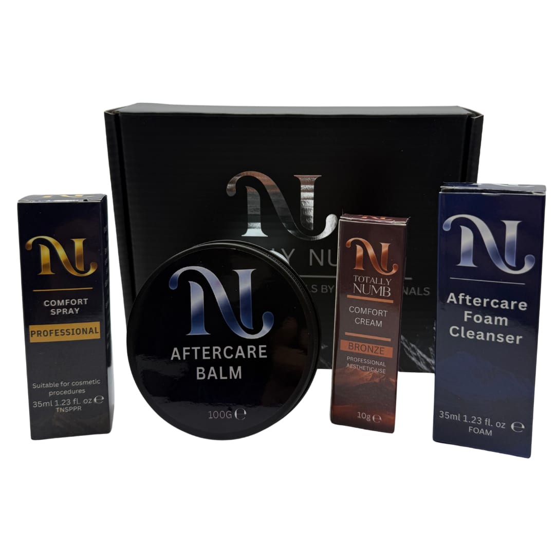 Totally Numb Bronze Comfort System Bundle — Mini: Comfort Cream, Comfort Spray, Aftercare Foam Cleanser and Aftercare Balm, boxed