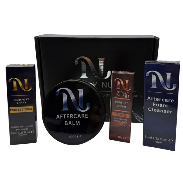 Totally Numb Bronze Comfort System Bundle — Mini: Comfort Cream, Comfort Spray, Aftercare Foam Cleanser and Aftercare Balm, boxed