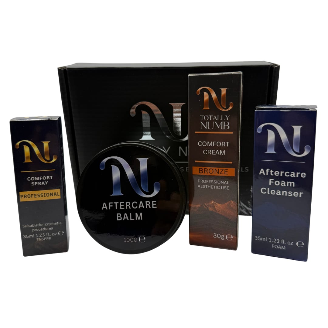 Totally Numb Bronze Comfort System Bundle — Ultimate: Comfort Cream, Comfort Spray, Aftercare Foam Cleanser and Aftercare Balm, boxed