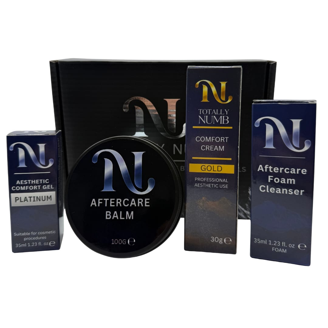 Totally Numb Gold Comfort System Bundle — Ultimate: Comfort Cream, Comfort Gel, Aftercare Foam Cleanser and Aftercare Balm, boxed