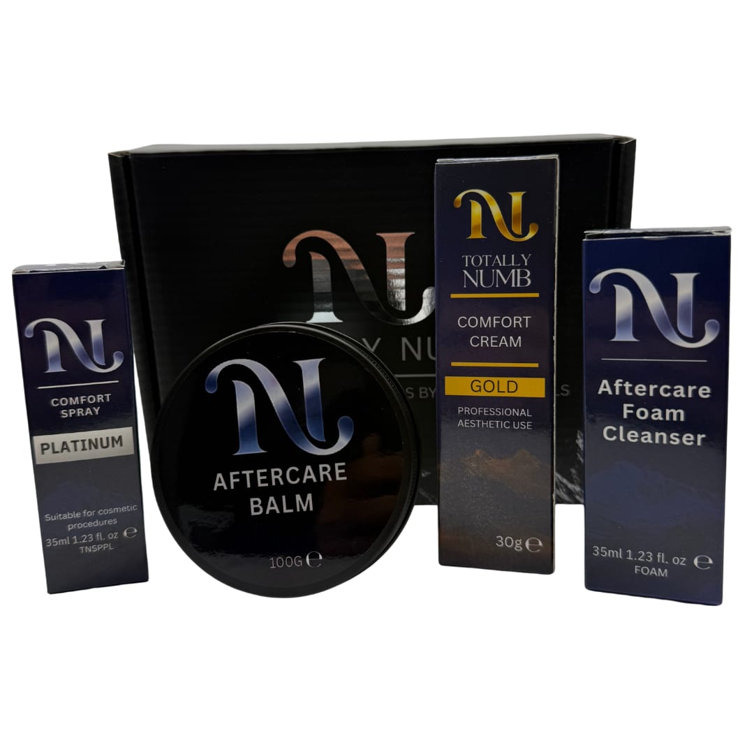 Totally Numb Gold Comfort System Bundle — Ultimate: Comfort Cream, Comfort Spray, Aftercare Foam Cleanser and Aftercare Balm, boxed