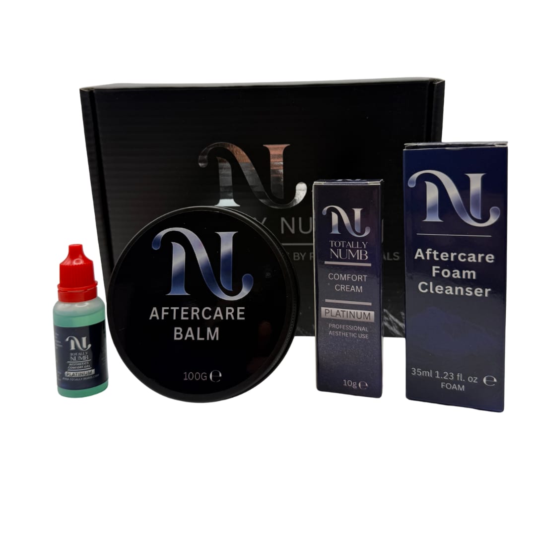 Totally Numb Platinum Comfort System Bundle — Mini: Comfort Cream, Comfort Gel, Aftercare Foam Cleanser and Aftercare Balm, boxed