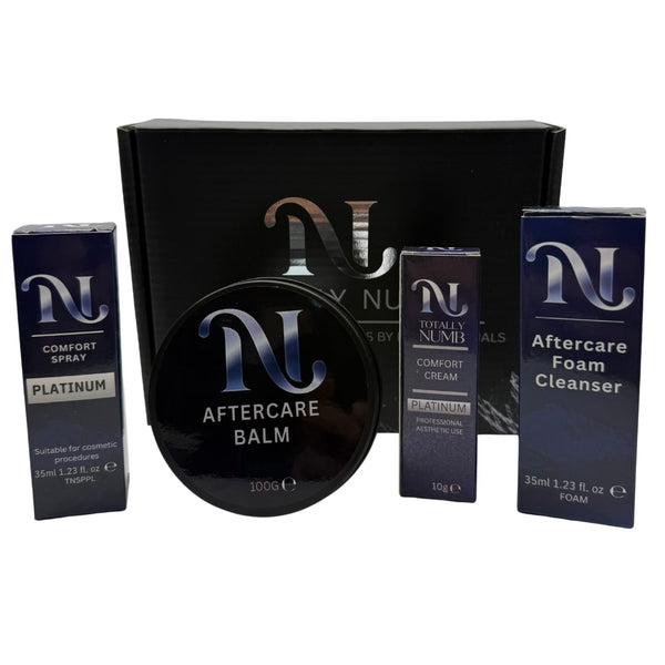 Totally Numb Platinum Comfort System Bundle — Mini: Comfort Cream, Comfort Spray, Aftercare Foam Cleanser and Aftercare Balm, boxed