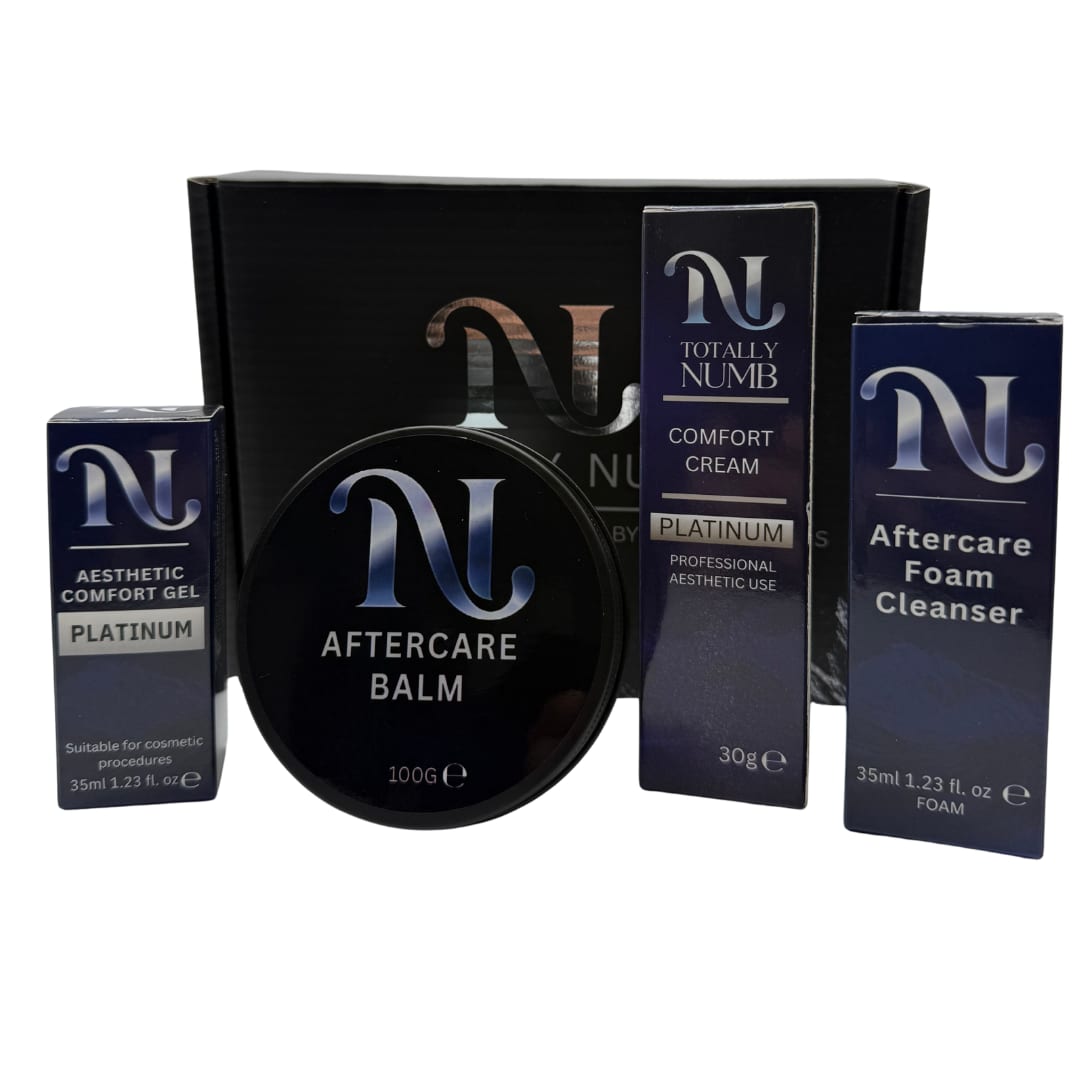 Totally Numb Platinum Comfort System Bundle — Ultimate: Comfort Cream, Comfort Gel, Aftercare Foam Cleanser and Aftercare Balm, boxed