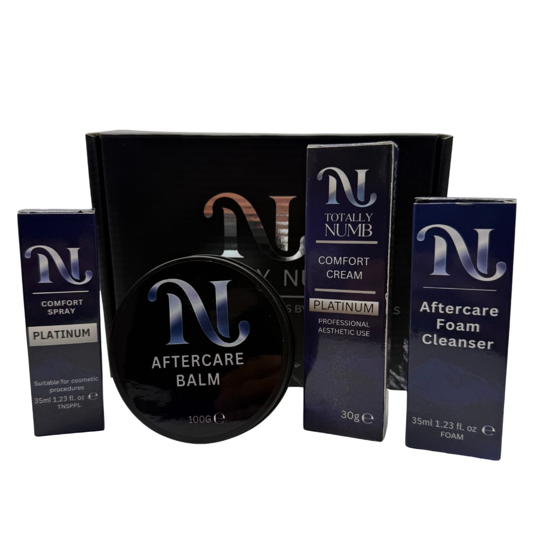 Totally Numb Platinum Comfort System Bundle — Ultimate: Comfort Cream, Comfort Spray, Aftercare Foam Cleanser and Aftercare Balm, boxed