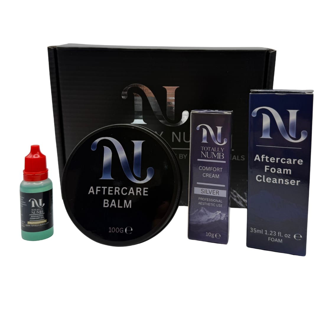 Totally Numb Silver Comfort System Bundle — Mini: Comfort Cream, Comfort Gel, Aftercare Foam Cleanser and Aftercare Balm, boxed
