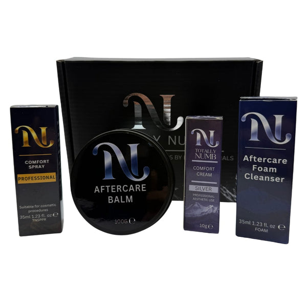 Totally Numb Silver Comfort System Bundle — Mini: Comfort Cream, Comfort Spray, Aftercare Foam Cleanser and Aftercare Balm, boxed