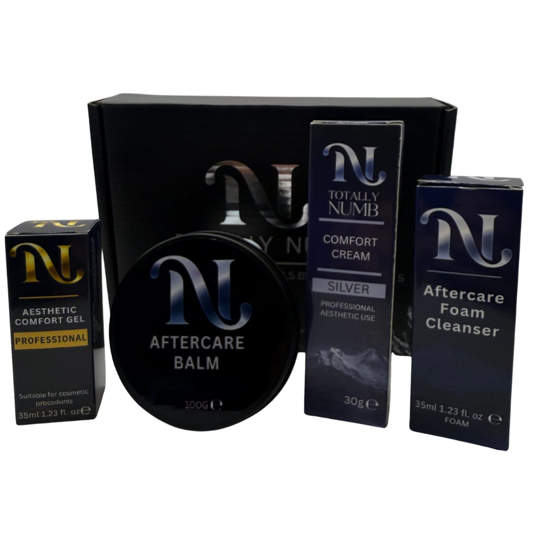Totally Numb Silver Comfort System Bundle — Ultimate: Comfort Cream, Comfort Gel, Aftercare Foam Cleanser and Aftercare Balm, boxed