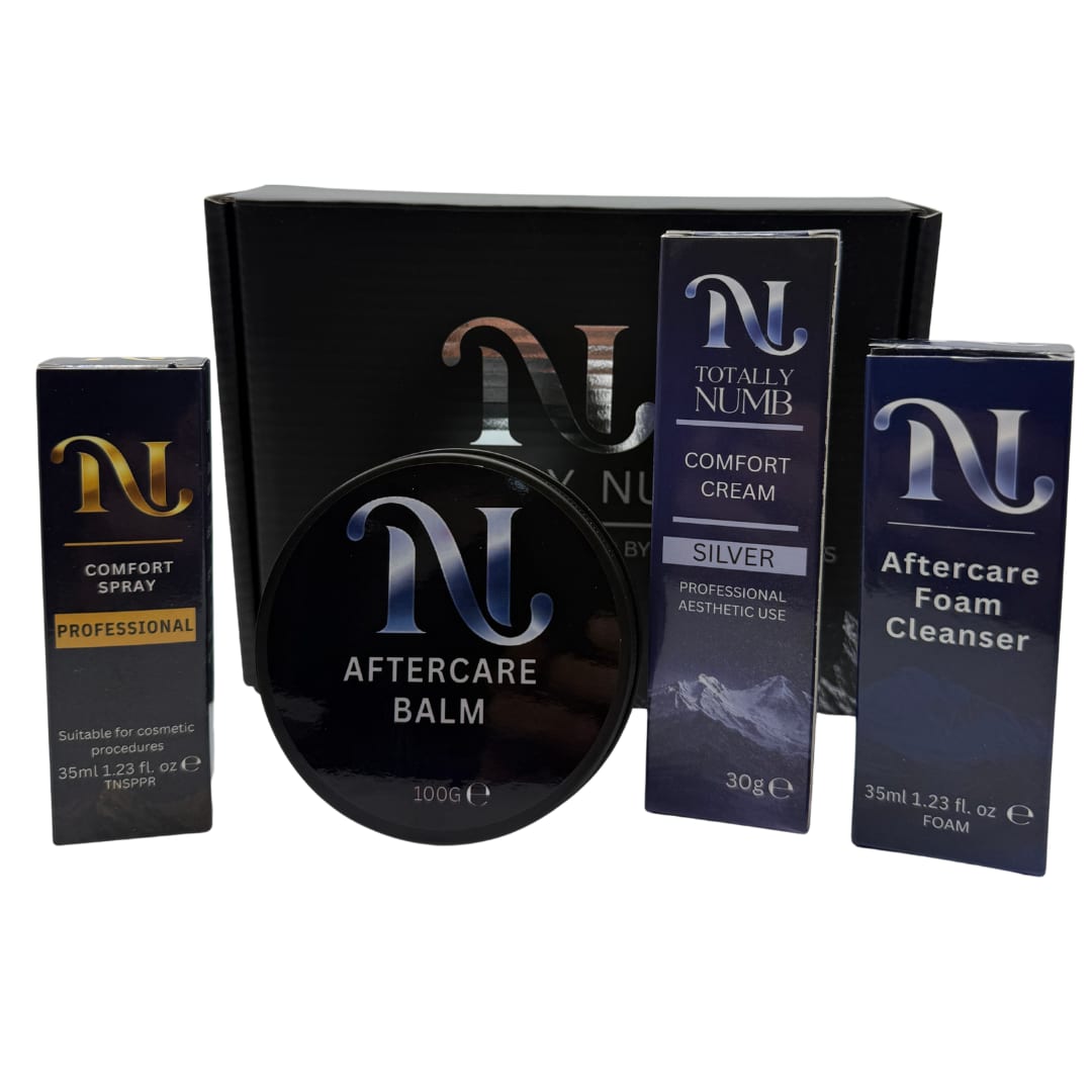 Totally Numb Silver Comfort System Bundle — Ultimate: Comfort Cream, Comfort Spray, Aftercare Foam Cleanser and Aftercare Balm, boxed