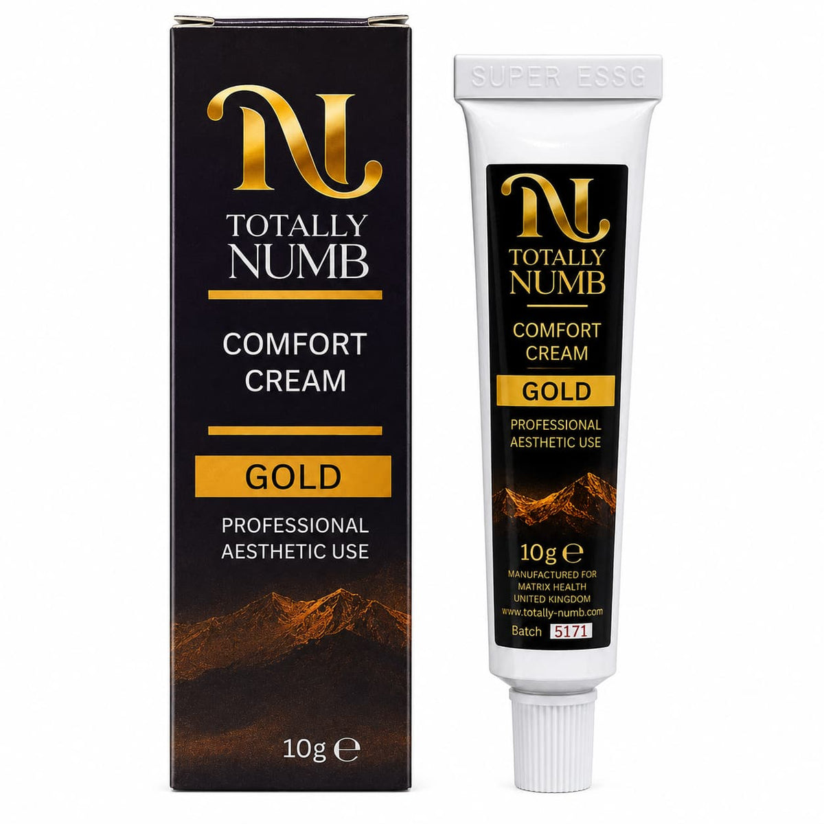 Comfort Cream Gold 10g box and tube — Totally Numb tattoo numbing cream