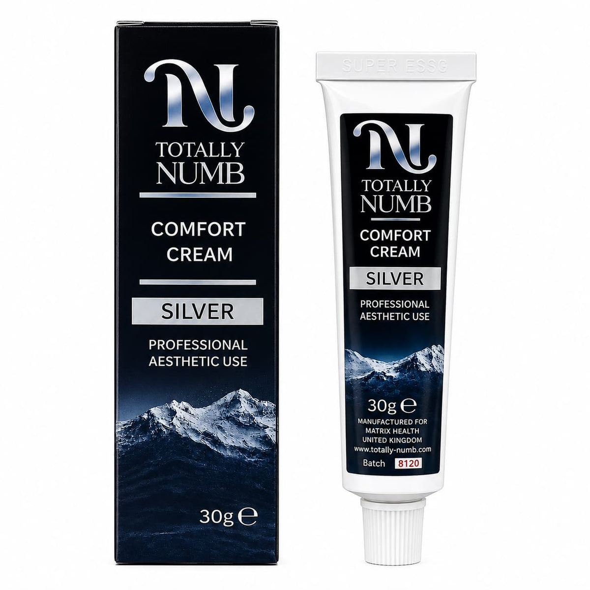 Comfort Cream Silver 30g box and tube — Totally Numb tattoo numbing cream