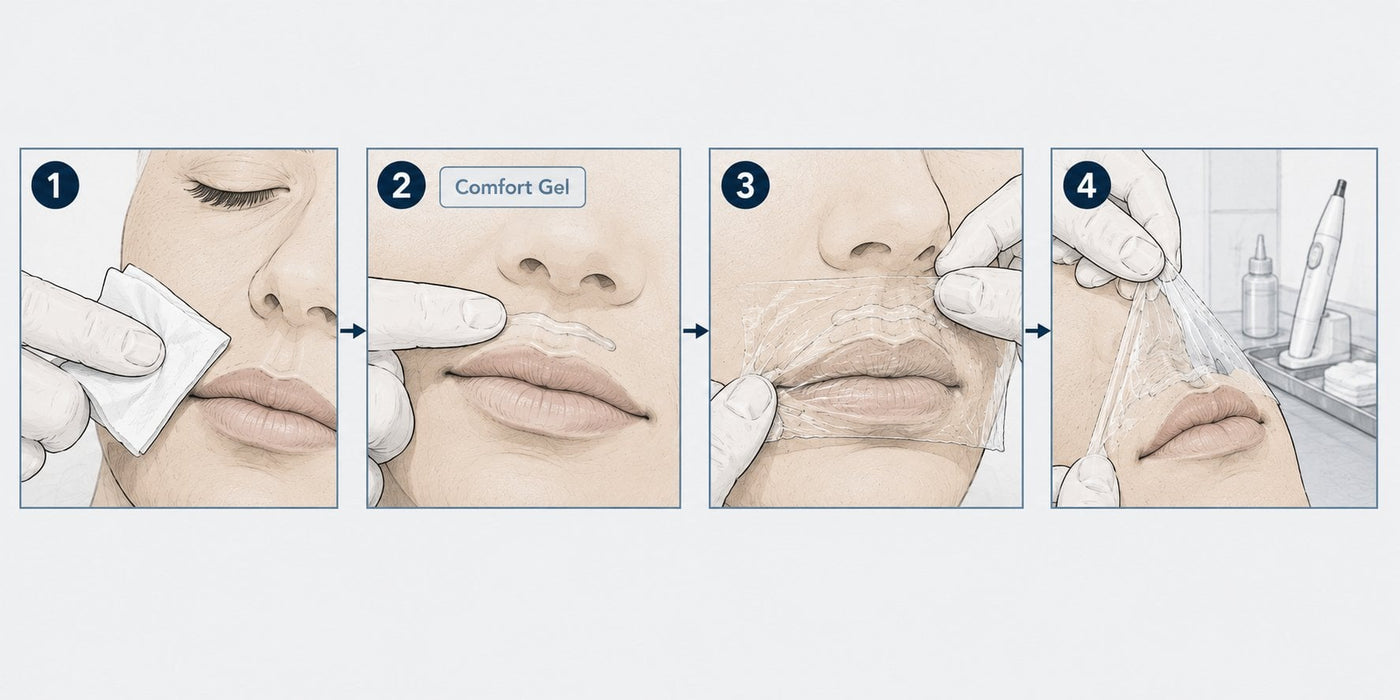 Step-by-step illustration showing how to apply Comfort Gel — clean the area, apply a precise targeted layer to the treatment zone, cover with cling film if needed, and remove before your procedure begins.
