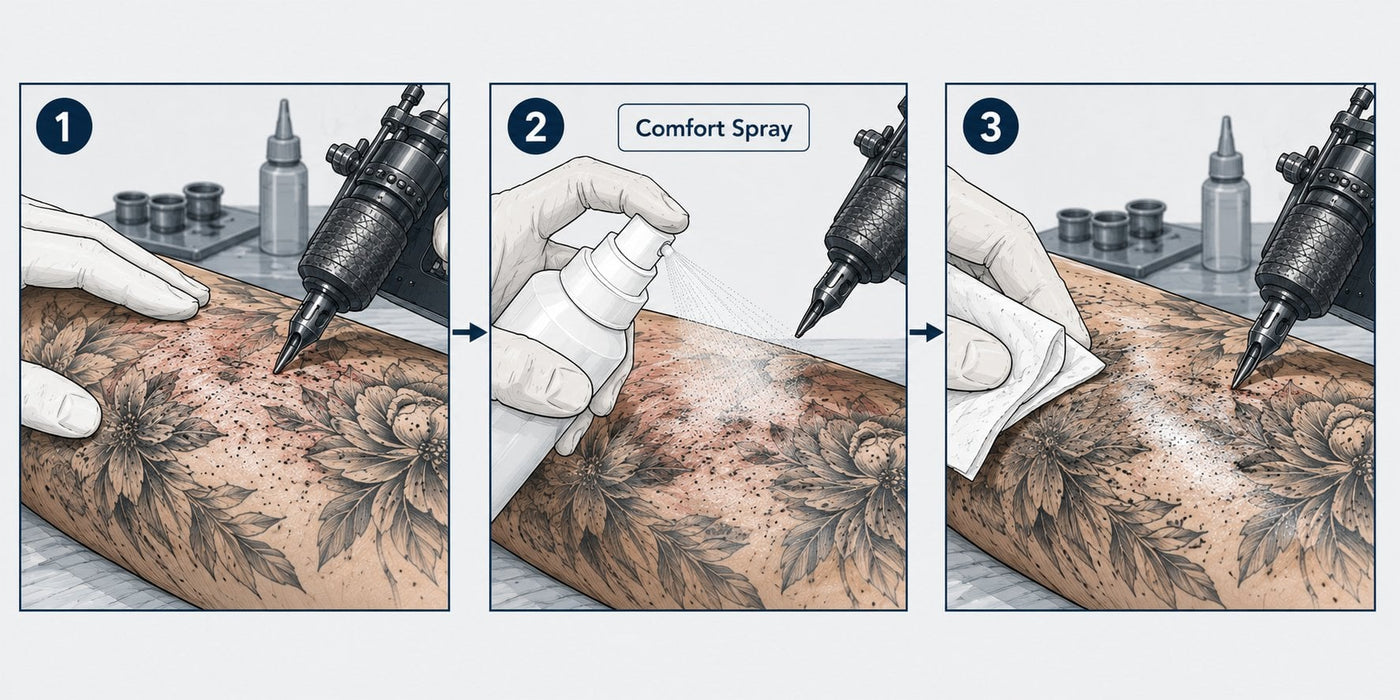 Step-by-step illustration showing how to apply Comfort Spray during a tattoo session — applied in short bursts to broken skin while tattooing is underway, then allowed a moment to absorb before the artist continues.